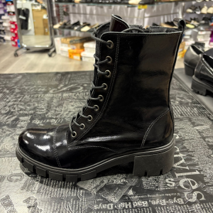 מגפון עור אמיתי שילוב שרוך ורוכסן שחור לק